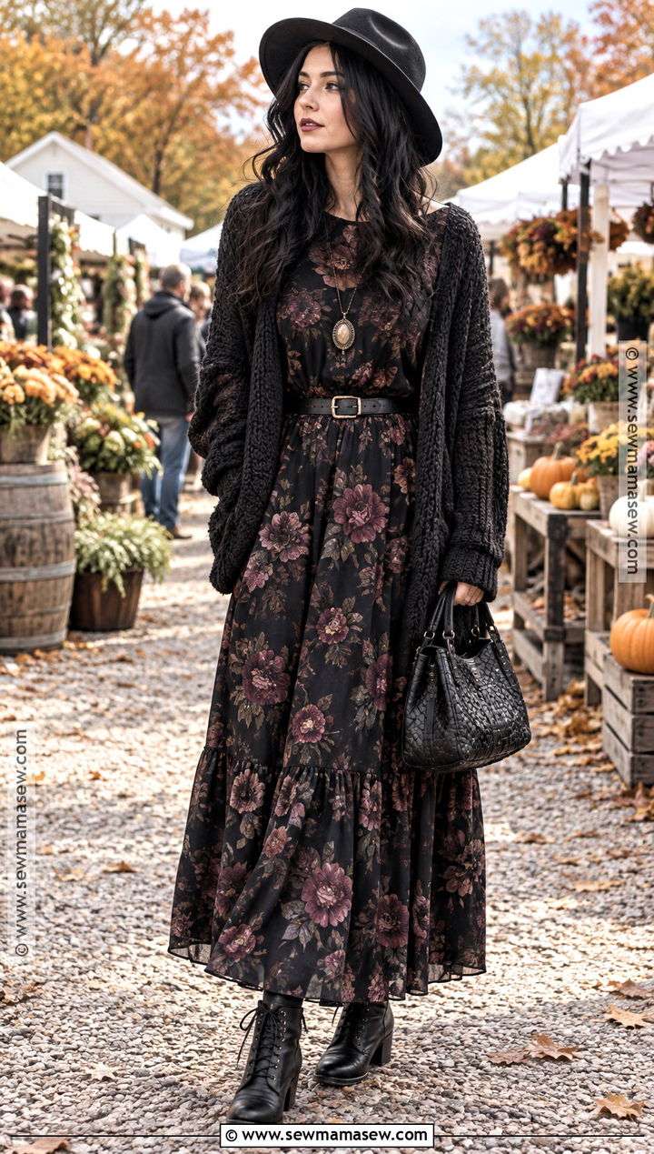 Goth Autumn Floral Maxi Dress Outfit - 20 goth autumn outfit ideas