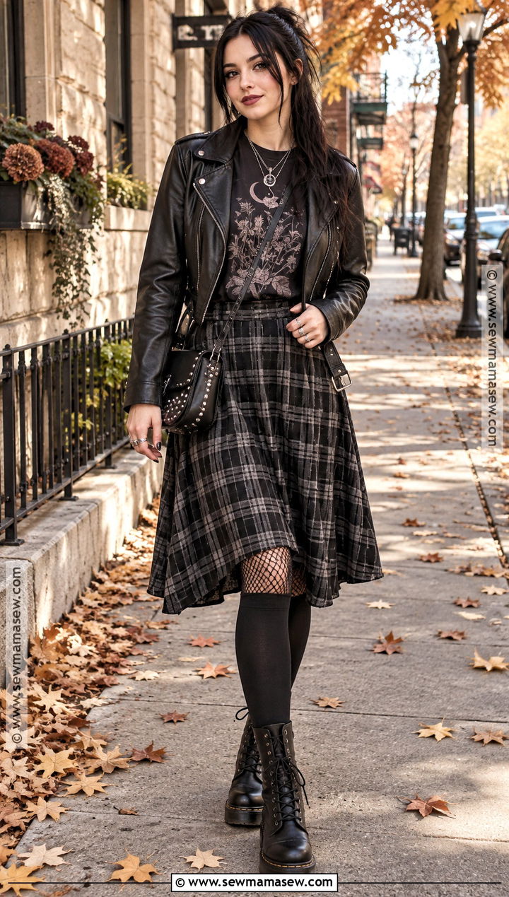 Goth Autumn Graphic Tee and Plaid Skirt Outfit - 20 goth autumn outfit ideas