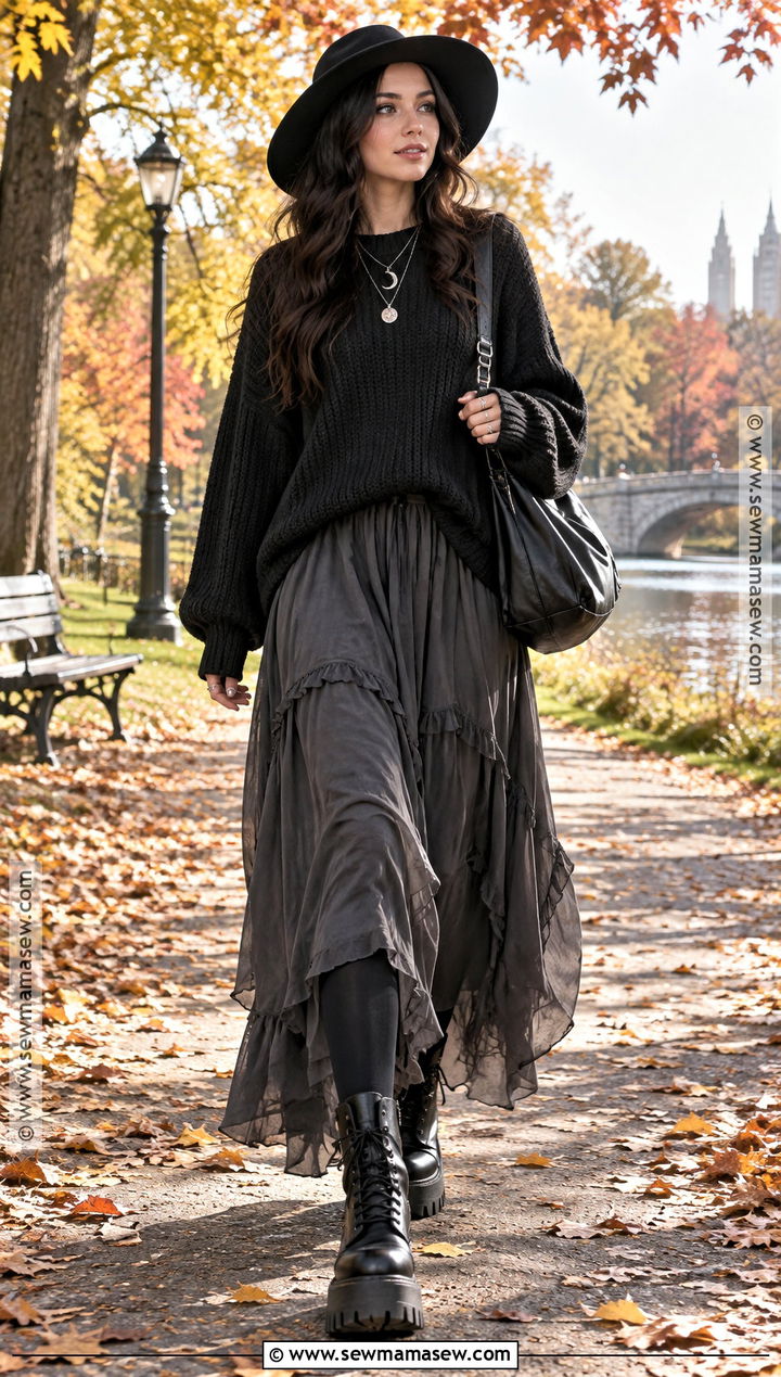 Goth Autumn Oversized Sweater and Maxi Skirt Outfit - 20 goth autumn outfit ideas