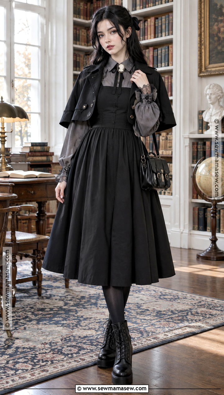Goth Autumn Pinafore Dress and Blouse Outfit - 20 goth autumn outfit ideas