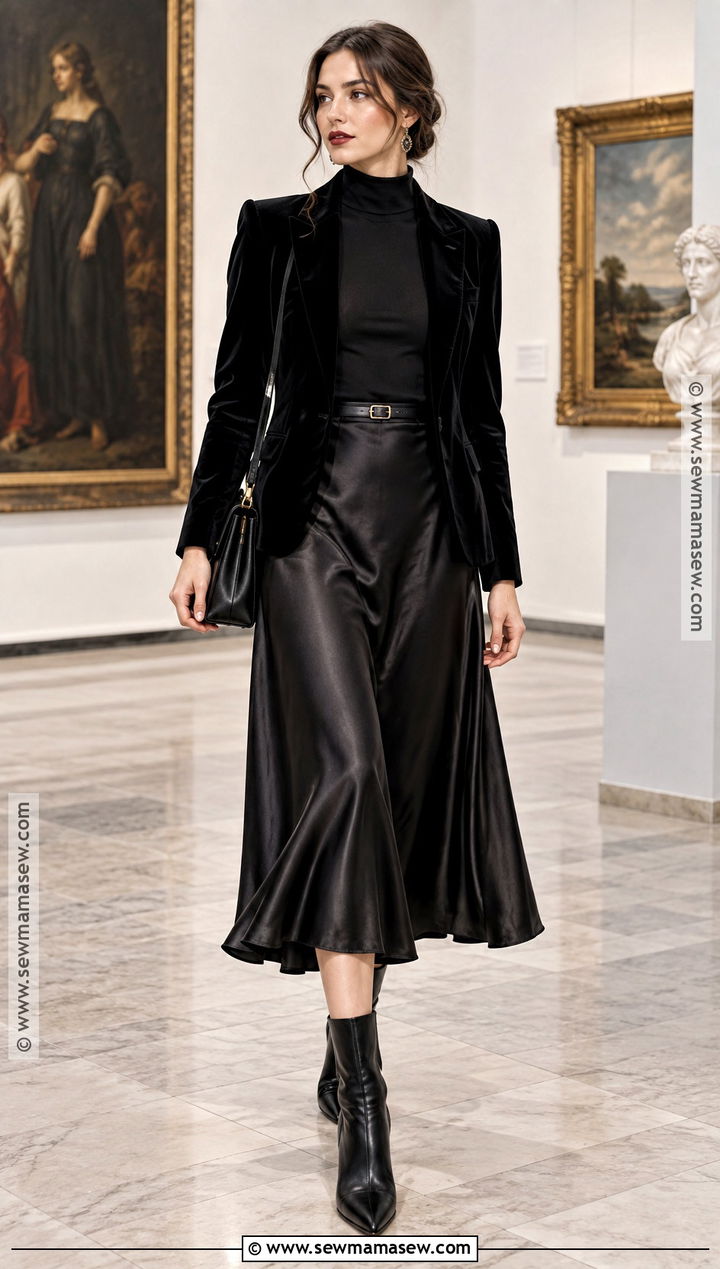 Goth Autumn Velvet Blazer and Satin Skirt Outfit - 20 goth autumn outfit ideas