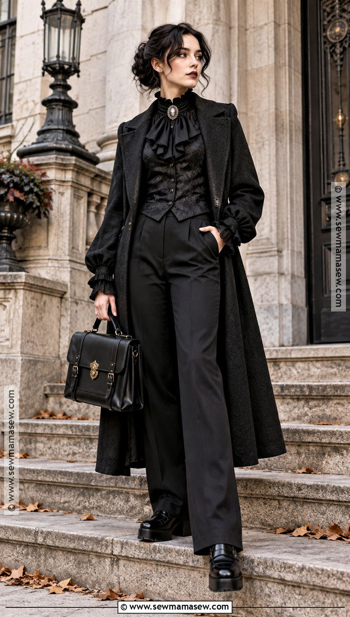 Goth Autumn Victorian Blouse and Black Pants Outfit - 20 goth autumn outfit ideas