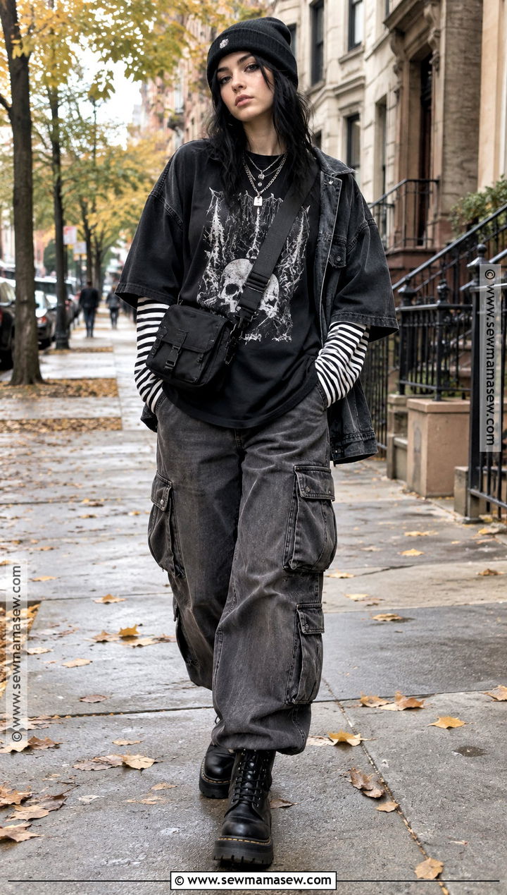 Goth Band Tee And Cargo Pants Outfit - 25 goth fall outfits