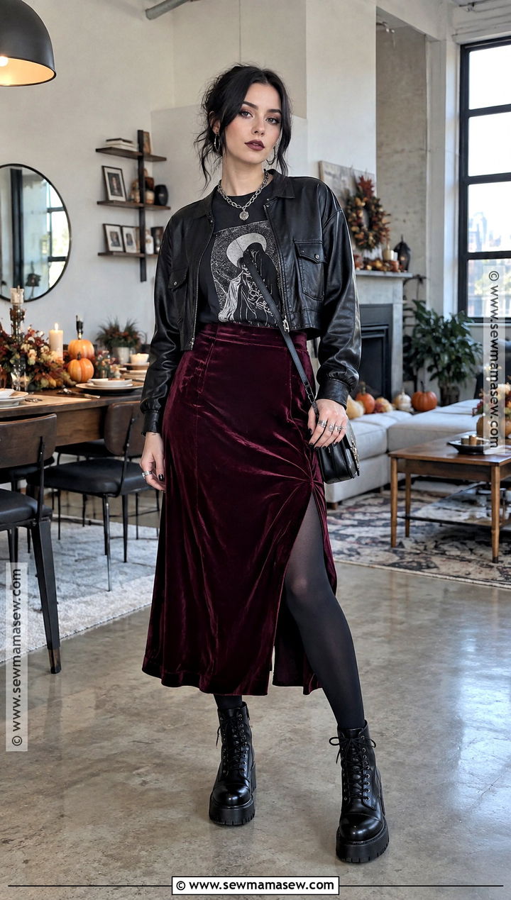 Goth Band Tee And Velvet Skirt Outfit - 15 thanksgiving outfit goth ideas
