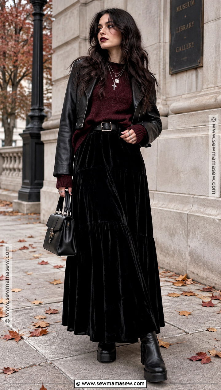 Goth Burgundy Sweater And Black Maxi Skirt Outfit - 25 goth fall outfits