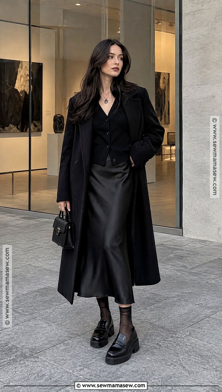 Goth Cardigan And Satin Midi Skirt Outfit - 25 goth fall outfits