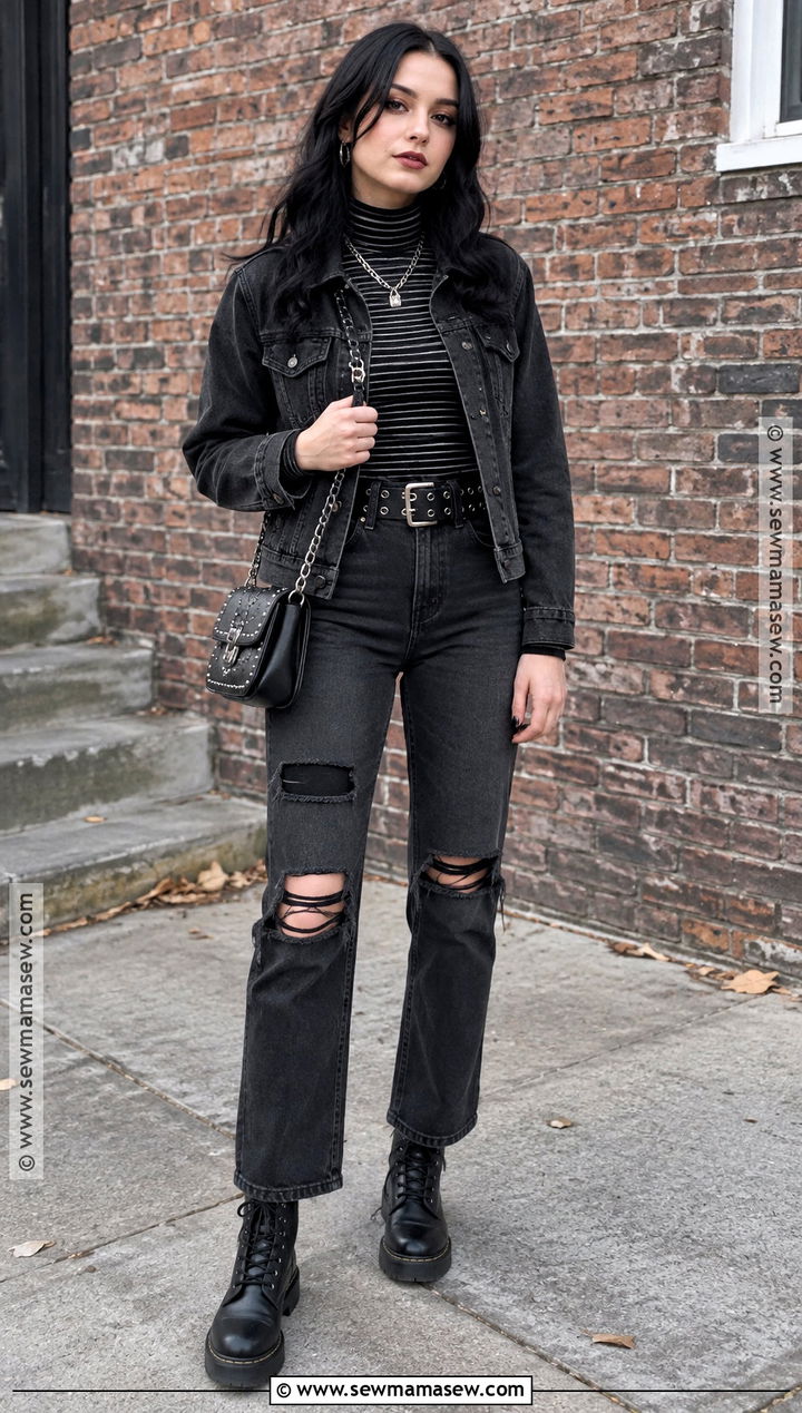 Goth Denim Jacket And Ripped Jeans Outfit - 25 goth fall outfits