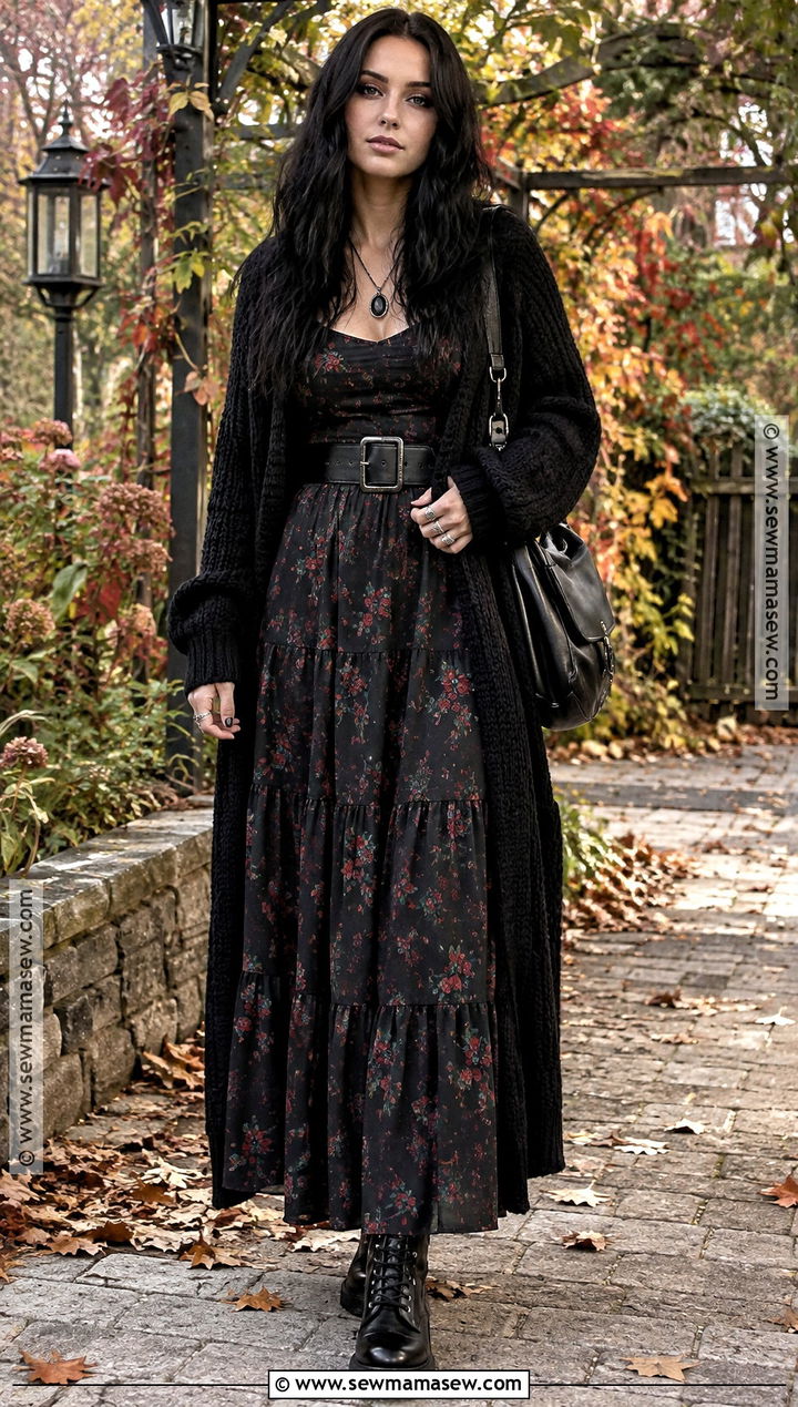 Goth Floral Maxi Dress And Long Cardigan Outfit - 25 goth fall outfits