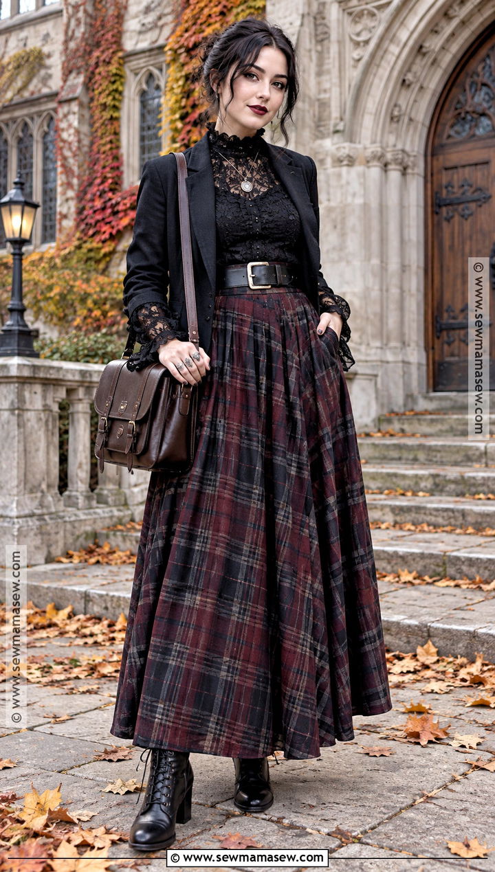 Goth Lace Blouse And Plaid Maxi Skirt Outfit - 25 goth fall outfits