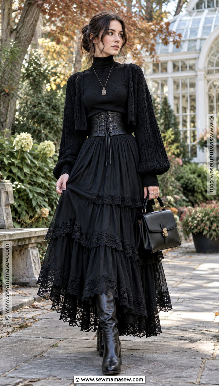 Goth Layered Maxi Dress And Tall Boots Outfit - 25 goth fall outfits