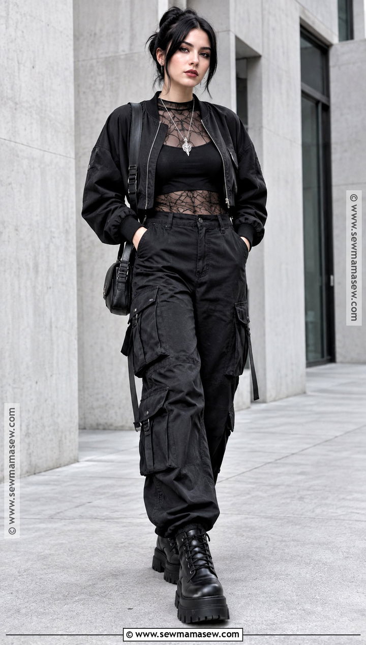 Goth Mesh Top And Cargo Pants Autumn Outfit - 25 alt autumn outfits