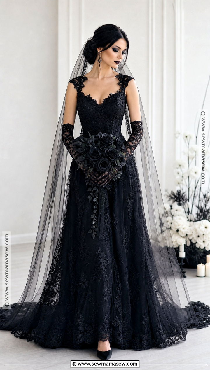 Gothic Bride Costume With Black Lace Gown - 30 All Black Halloween Costume Ideas for Women
