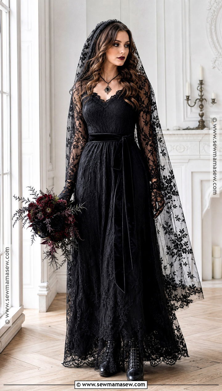 Gothic Bride Costume With Black Lace Veil - 40 aesthetic halloween costumes