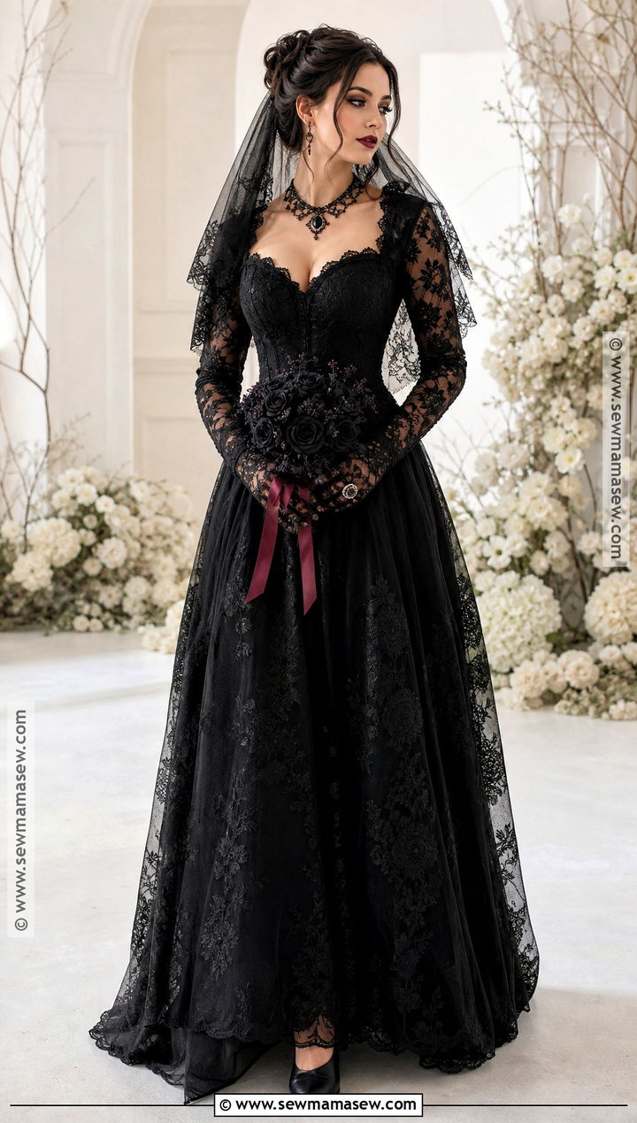 Gothic Bride Costume With Black Roses - 35 Gothic Halloween Costumes