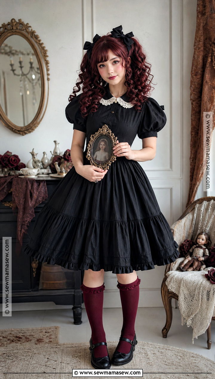Gothic Doll Costume With Lace Collar - 30 dark red hair halloween costumes