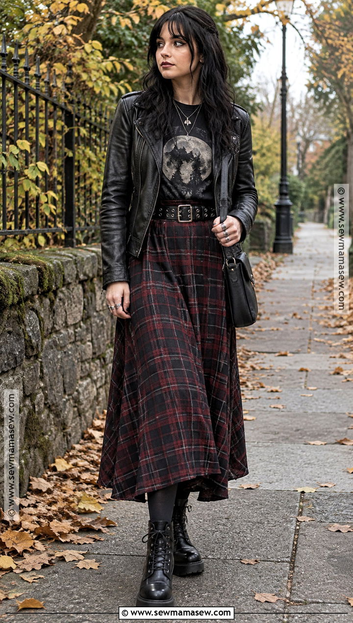 Gothic Fall Band Tee And Plaid Maxi Skirt Outfit - 20 gothic fall outfits