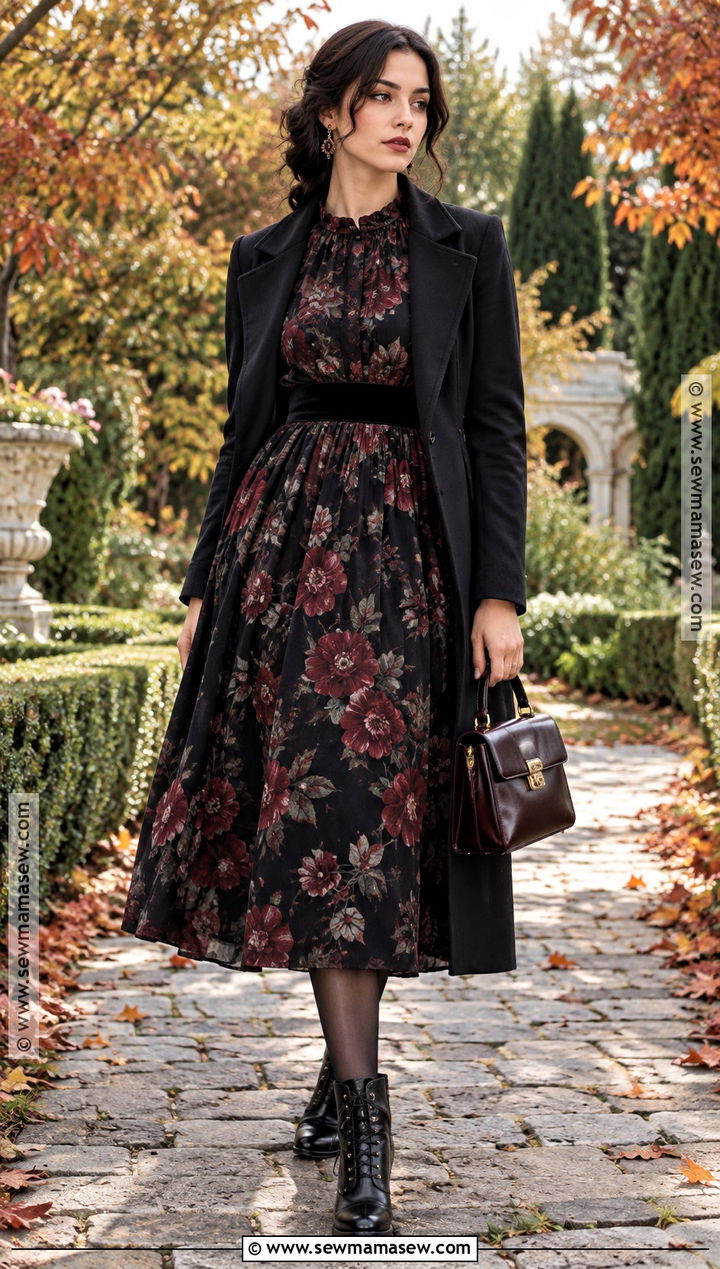 Gothic Fall Dark Floral Dress And Long Coat Outfit - 20 gothic fall outfits