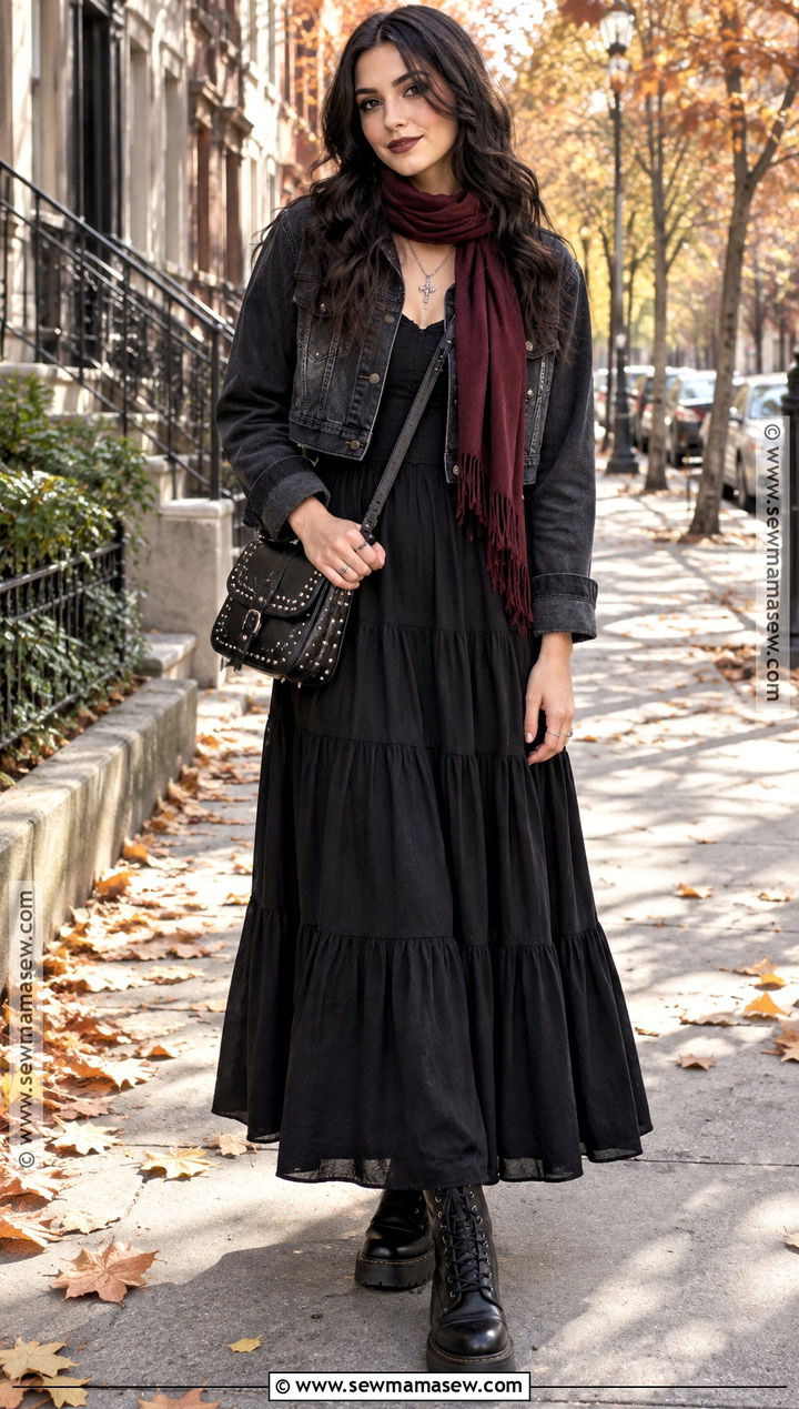 Gothic Fall Denim Jacket And Black Maxi Dress Outfit - 20 gothic fall outfits