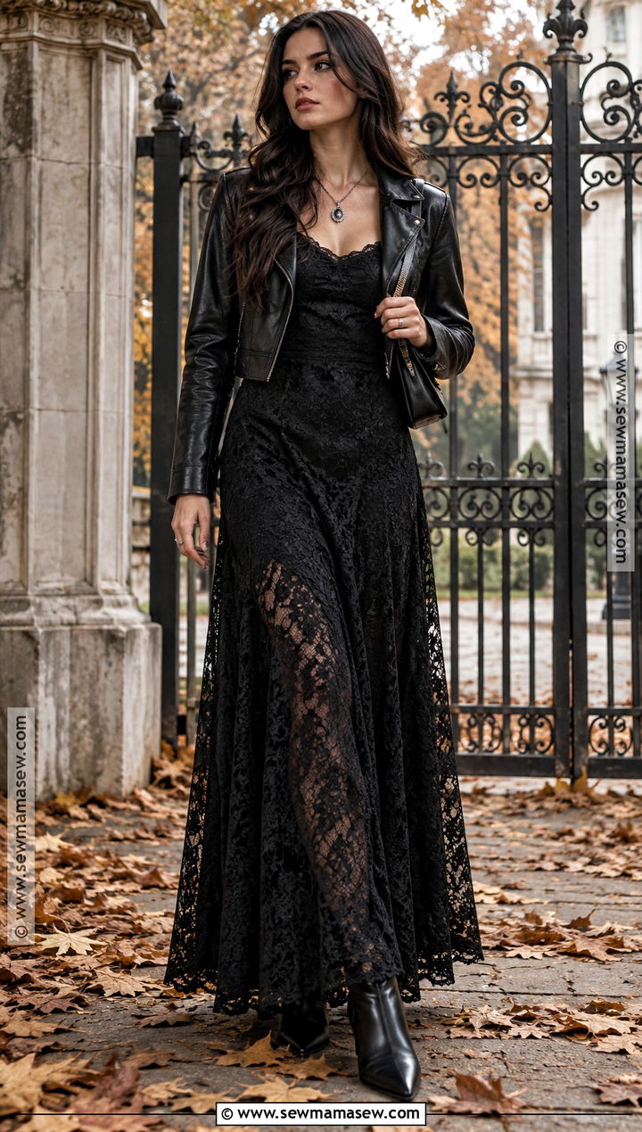 Gothic Fall Leather Jacket And Lace Maxi Dress Outfit - 20 gothic fall outfits