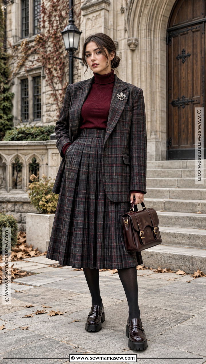 Gothic Fall Plaid Blazer And Pleated Skirt Outfit - 20 gothic fall outfits