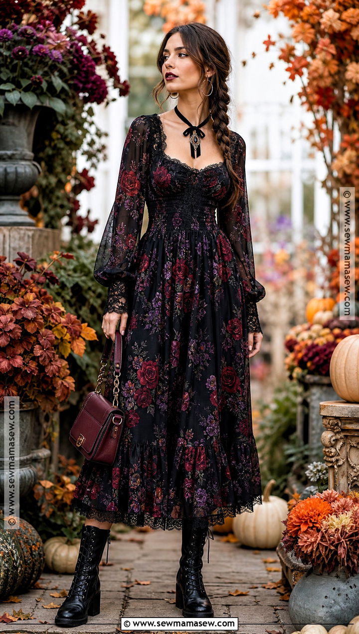 Gothic Floral Halloween Dress With Lace Up Boots - 30 halloween dresses
