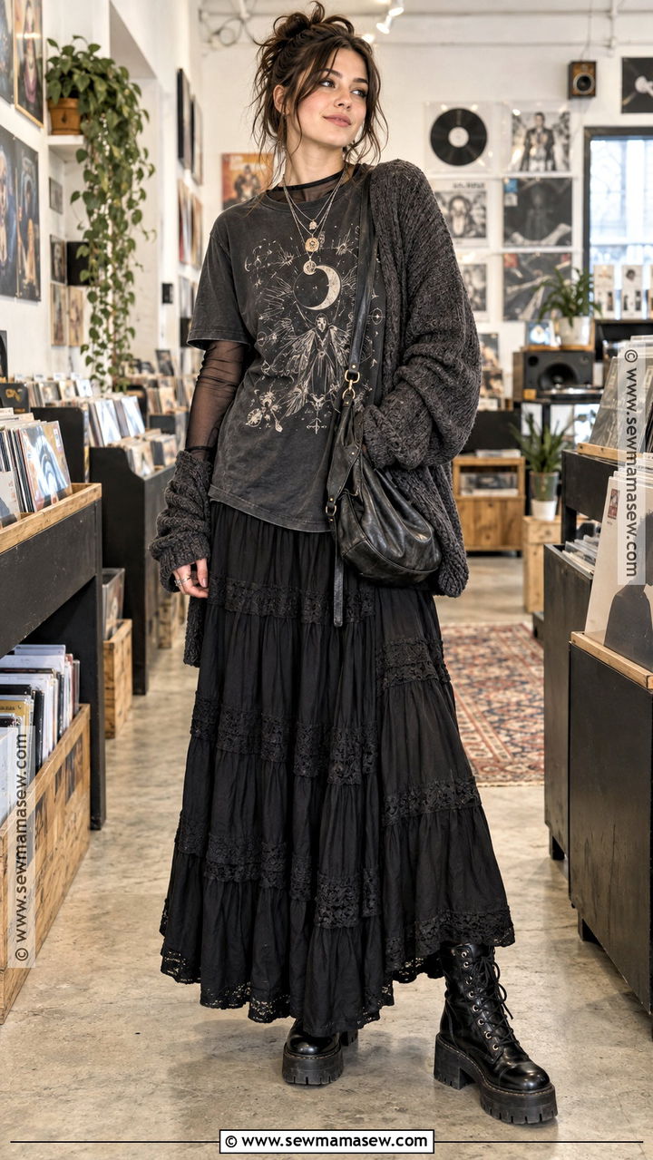 Gothic Graphic Tee And Maxi Skirt - 20 Fall Gothic Outfits