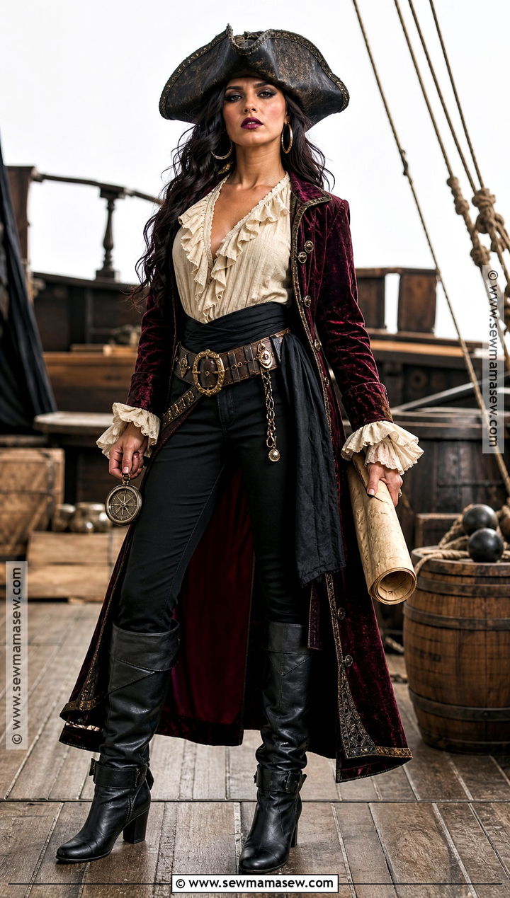 Gothic Pirate Costume With Burgundy Coat - 35 Gothic Halloween Costumes