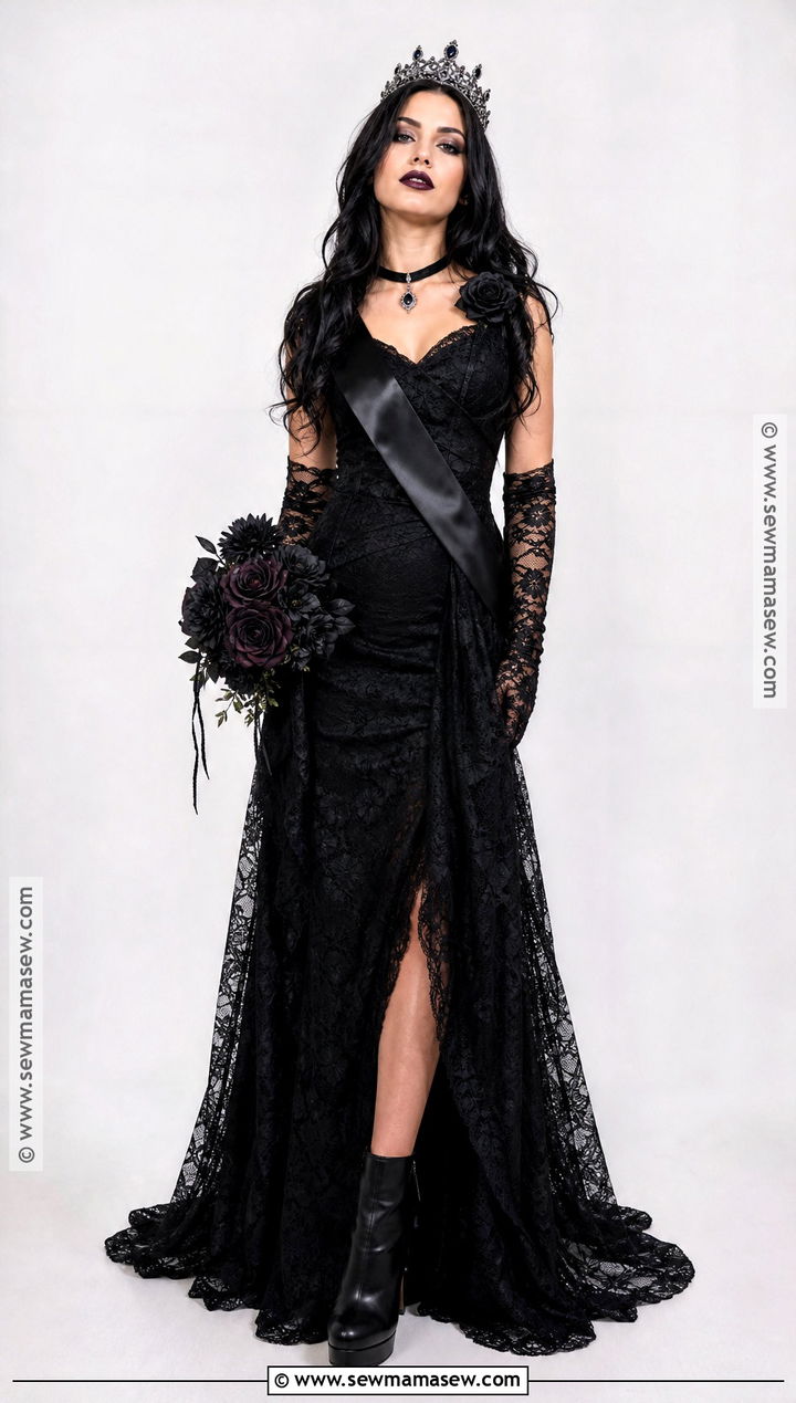 Gothic Prom Queen Costume With Black Lace Gown - 35 prom queen halloween costume ideas