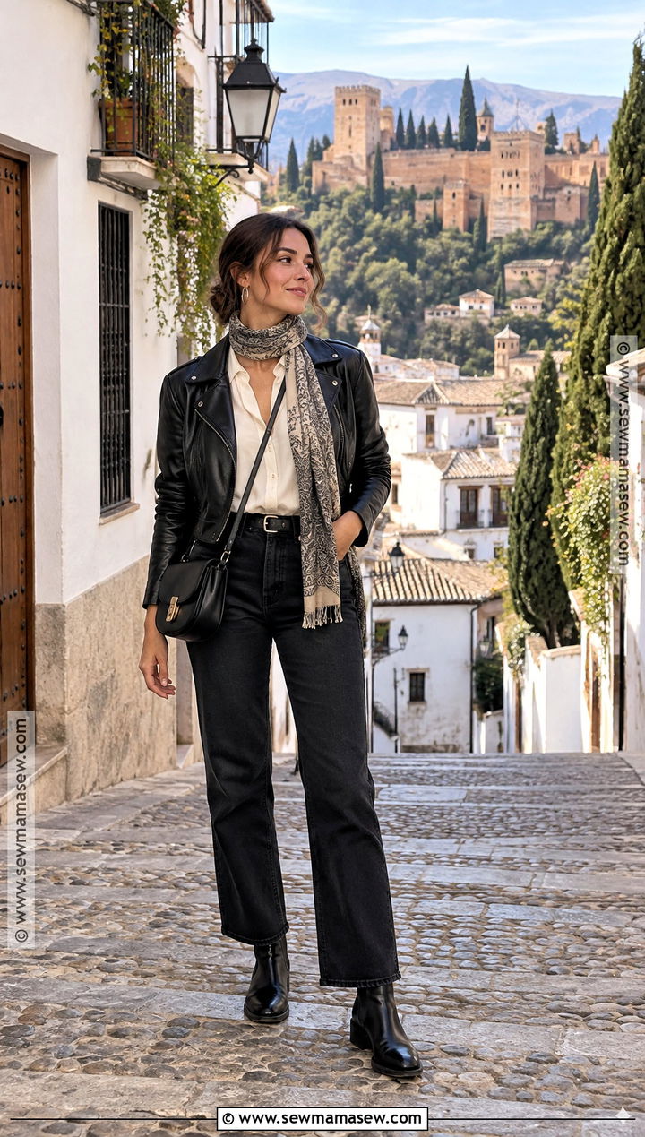 Granada Fall Outfit With Leather Jacket And Black Jeans - 25 spain fall outfits