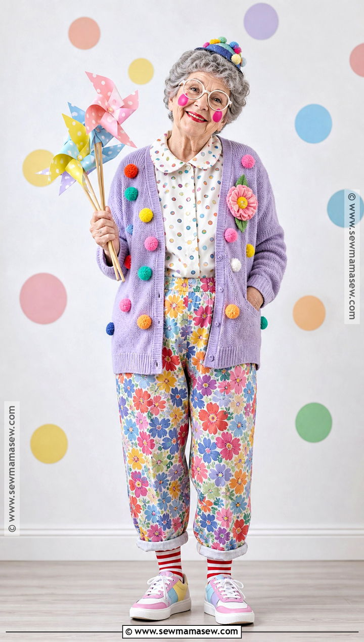 Grandma Clown Costume With Colorful Cardigan - 40 grandma costume ideas