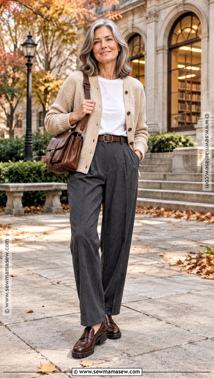 Grandpa Cardigan With Pleated Pants - 15 comfy fall sweaters