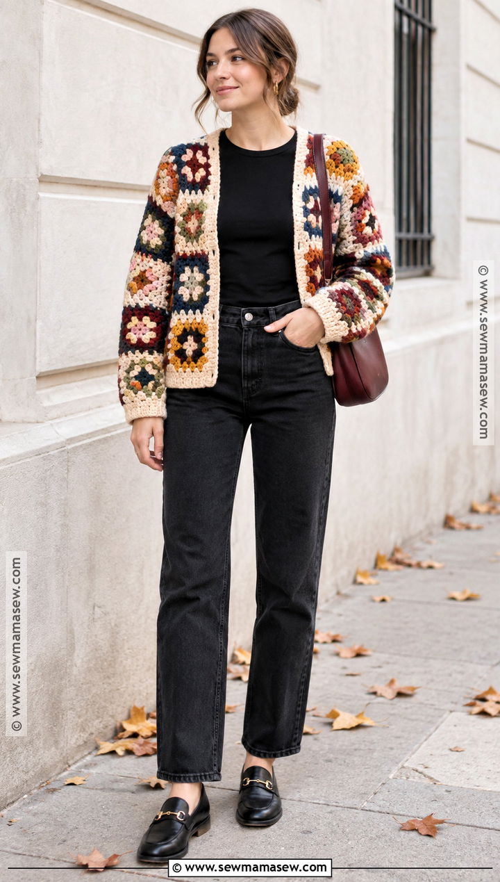 Granny Square Cardigan With Black Jeans - 20 autumn crochet clothes