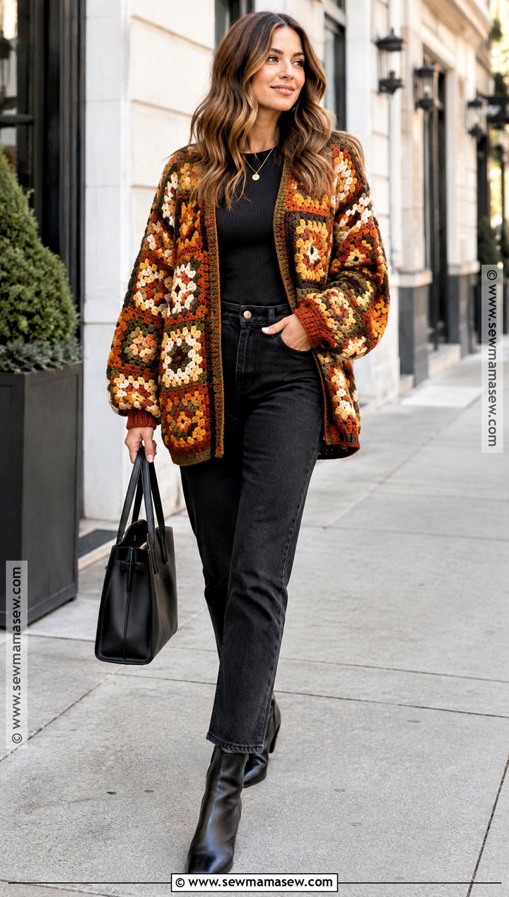 Granny Square Cardigan With Black Jeans - 20 fall crochet clothes