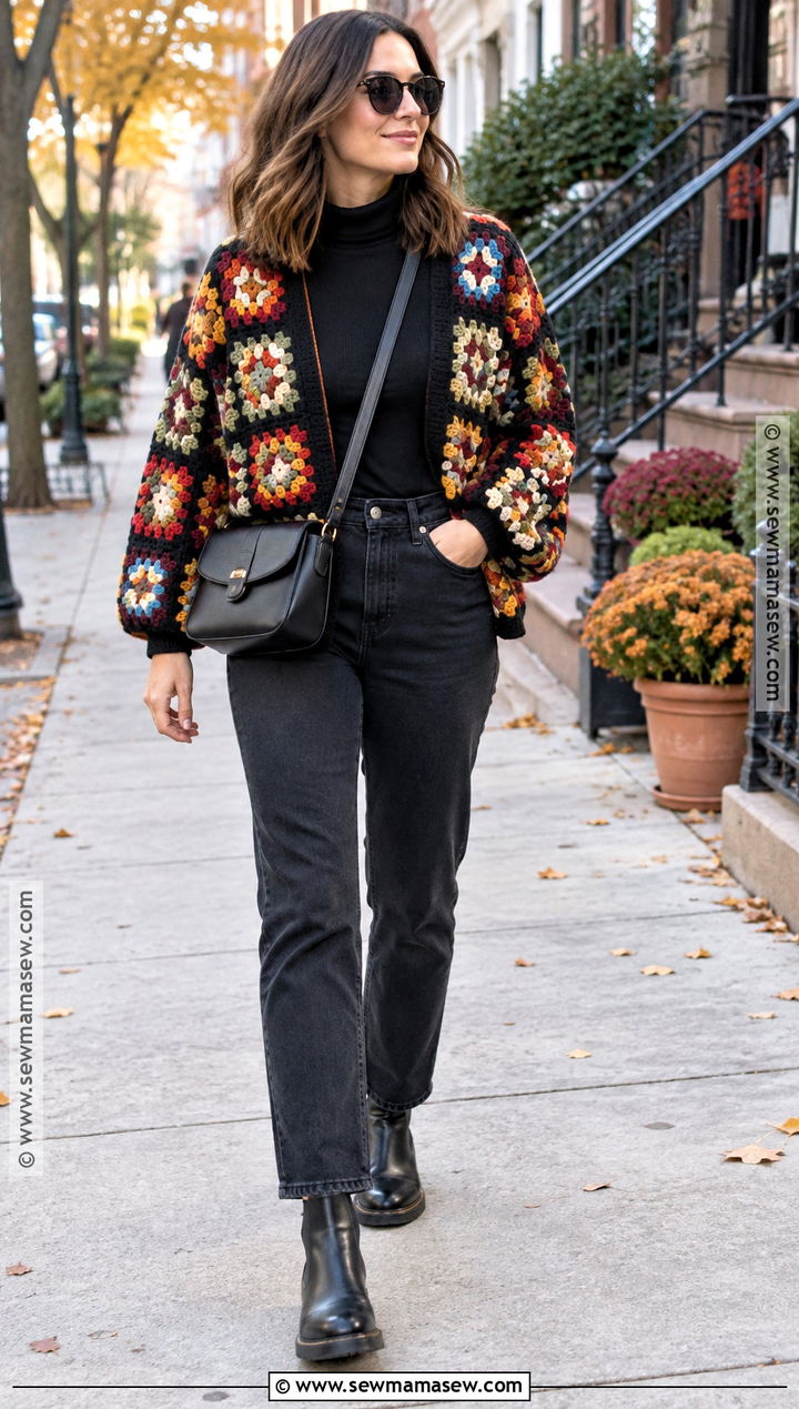 Granny Square Cardigan With Black Jeans - 15 Fall Crochet Outfit Ideas