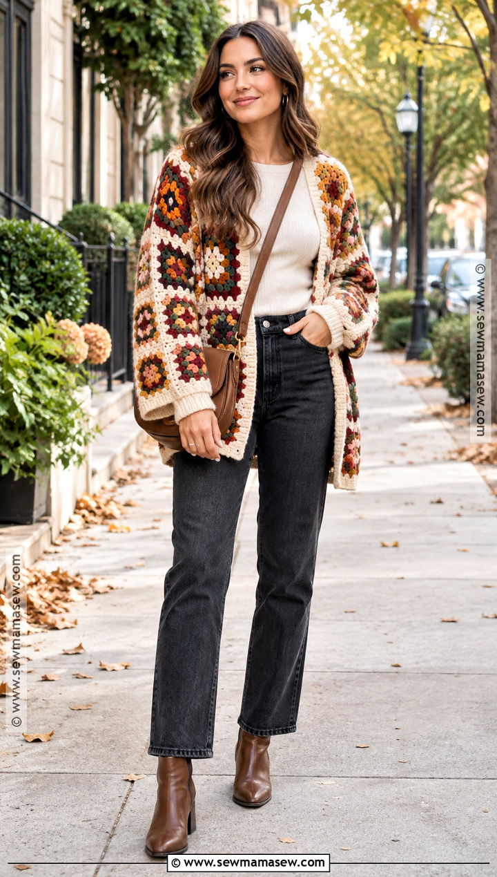 Granny Square Crochet Cardigan With Straight Leg Jeans - 15 Crochet Cardigan Fall Fashion Ideas
