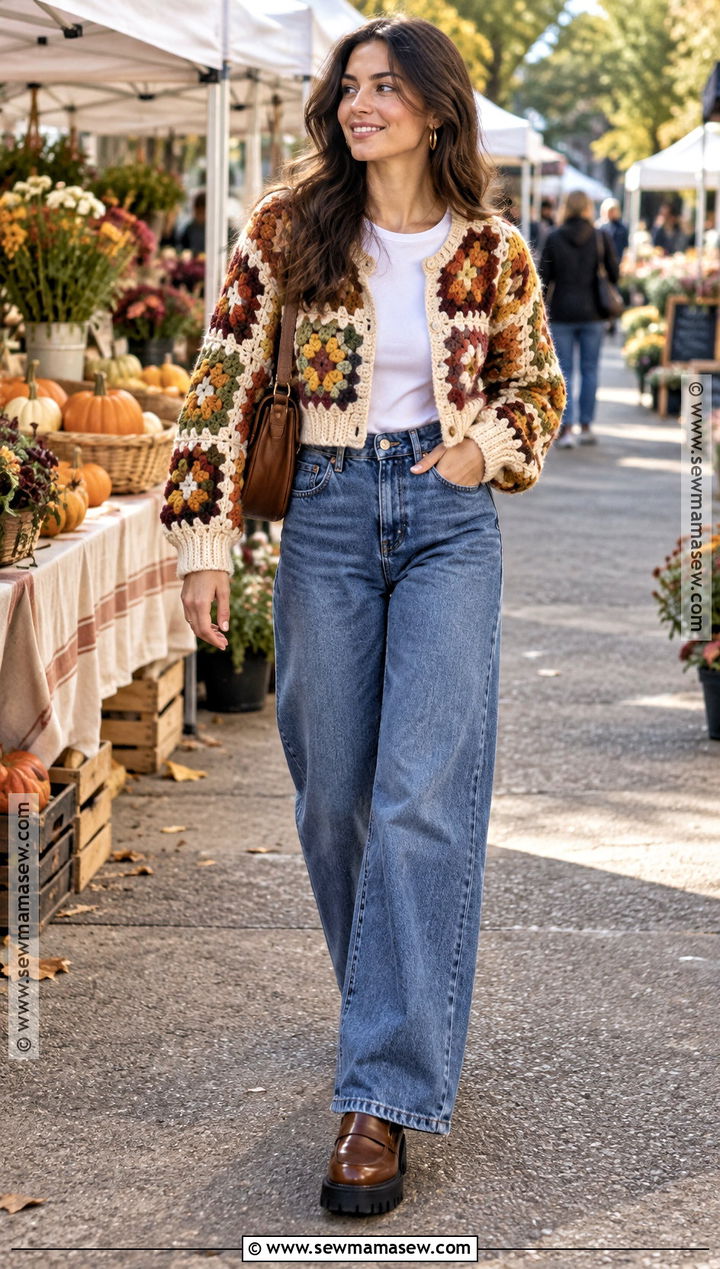 Granny Square Crochet Cardigan With Wide Leg Jeans - 15 Autumn Crochet Cardigan Style Ideas
