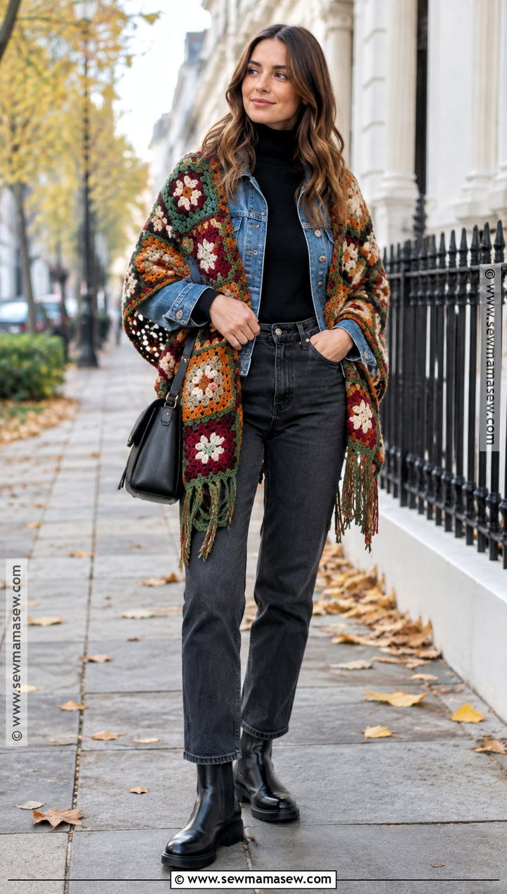 Granny Square Crochet Shawl With Denim Jacket - 15 Fall Crochet Shawl Ideas