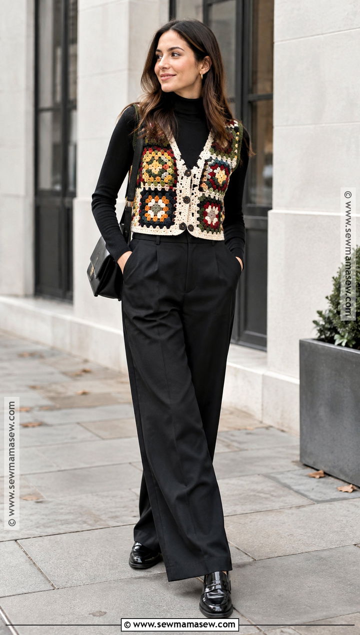 Granny Square Crochet Vest With Wide Leg Trousers - 15 Autumn Crochet Outfit Ideas