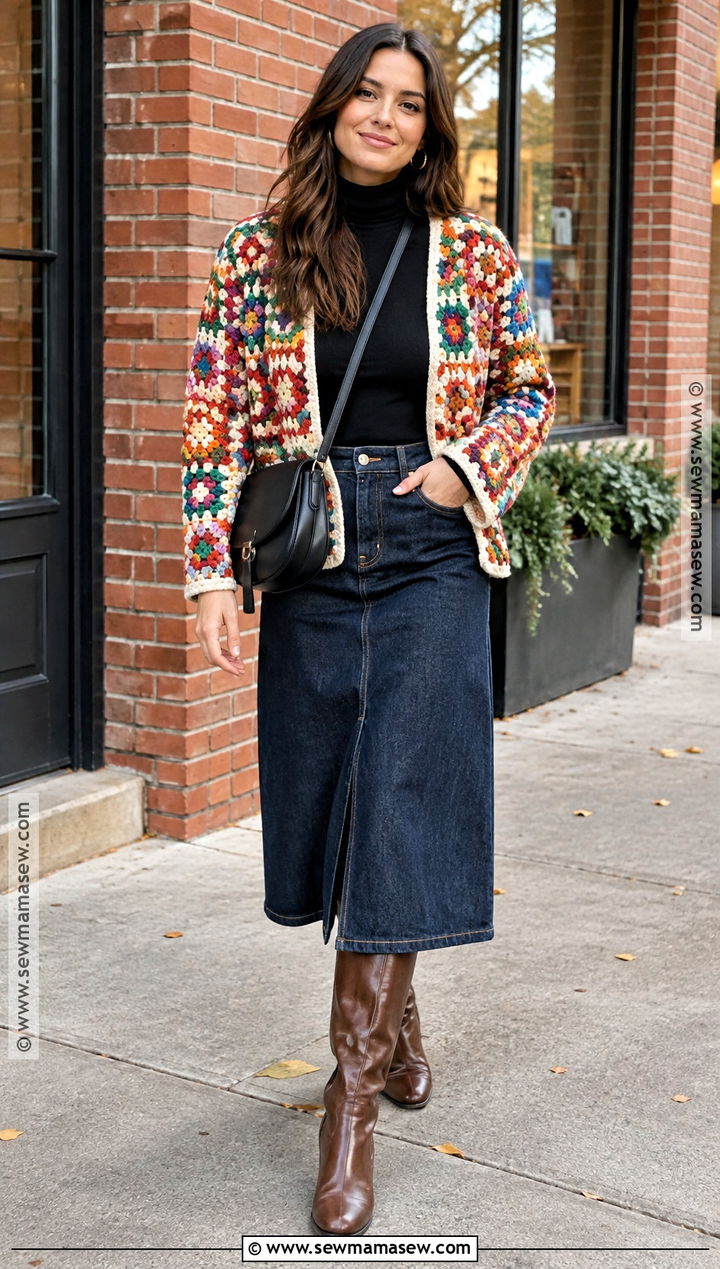 Granny Square Jacket With Denim Skirt - 15 Fall Clothes Crochet