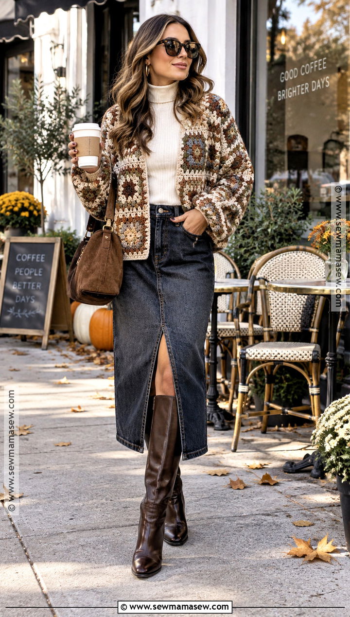 Granny Square Sweater With Denim Midi Skirt - 15 Fall Crochet Fashion Ideas