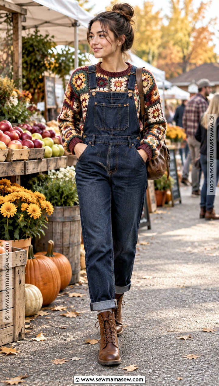 Granny Square Sweater With Denim Overalls - 15 Fall Granny Square Sweater Ideas