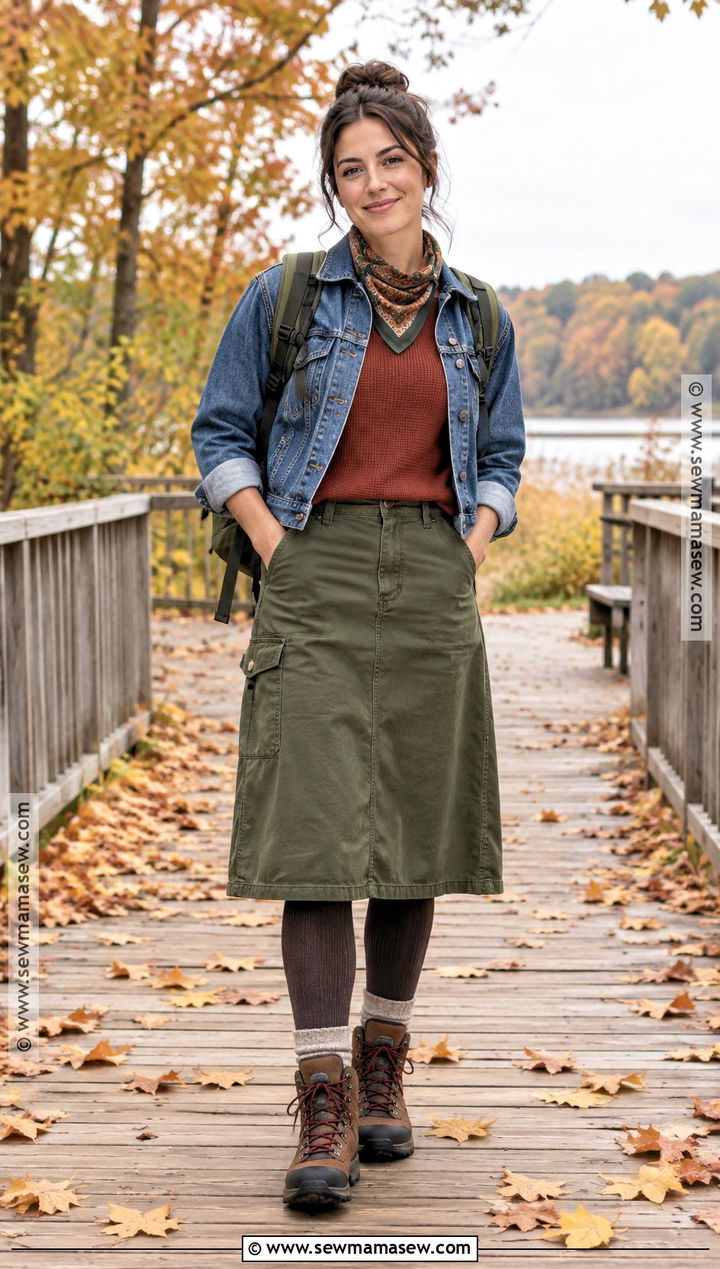Granola Denim Jacket And Hiking Skirt Outfit - 15 granola autumn outfits