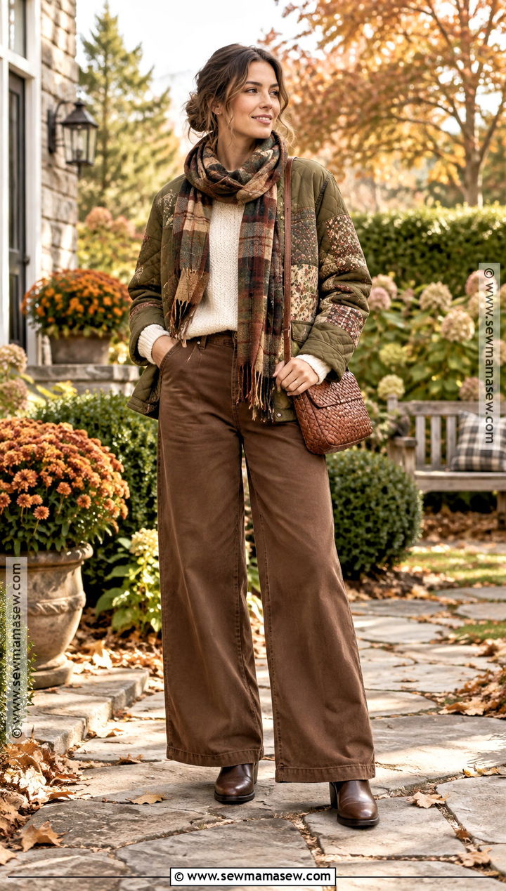 Granola Quilted Jacket And Wide Leg Pants Outfit - 15 granola autumn outfits