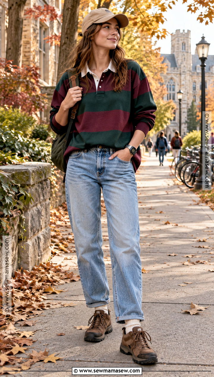 Granola Rugby Shirt And Relaxed Jeans Outfit - 15 granola autumn outfits