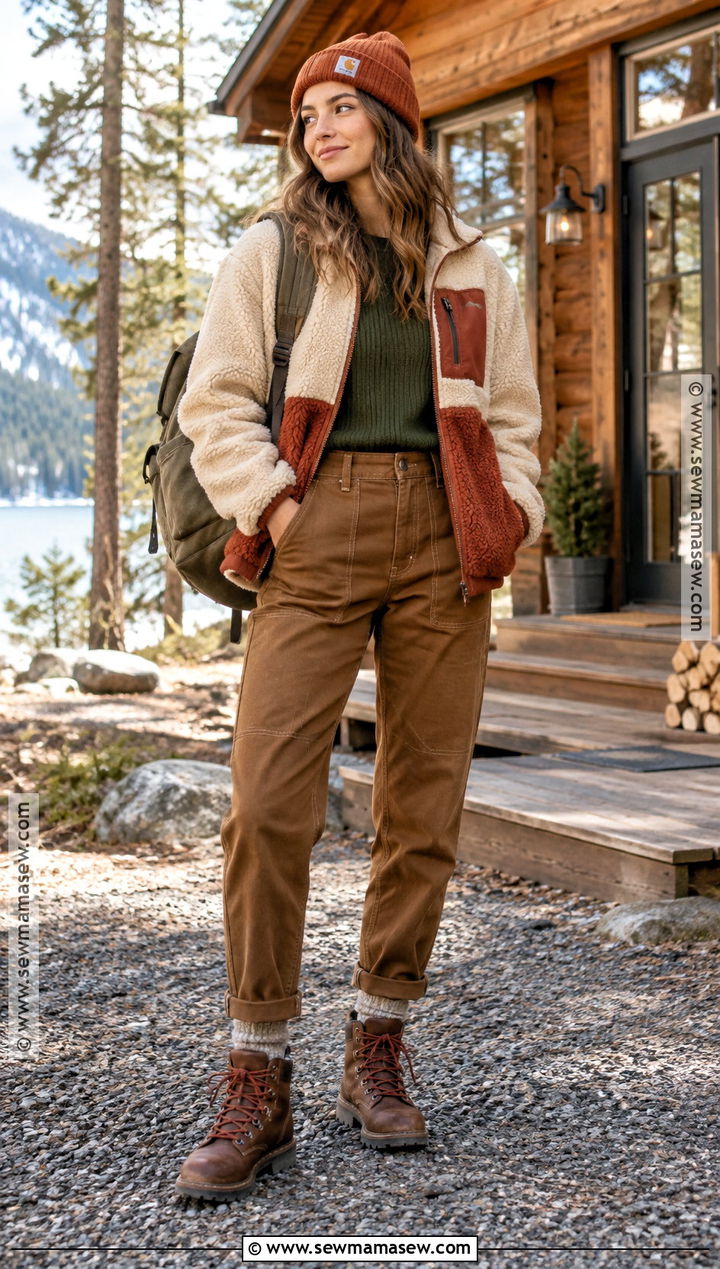 Granola Sherpa Jacket And Brown Work Pants Outfit - 15 granola autumn outfits