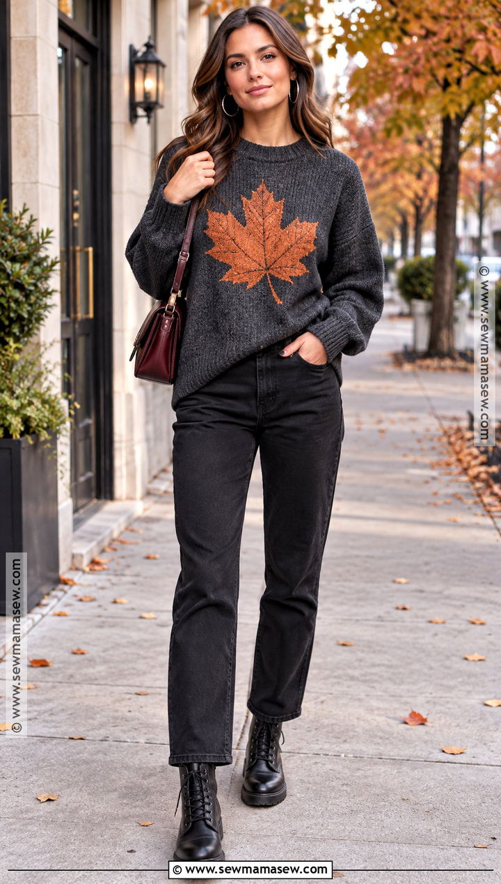 Graphic Fall Leaves Sweater With Black Jeans And Combat Boots - 15 fall leaves sweater ideas