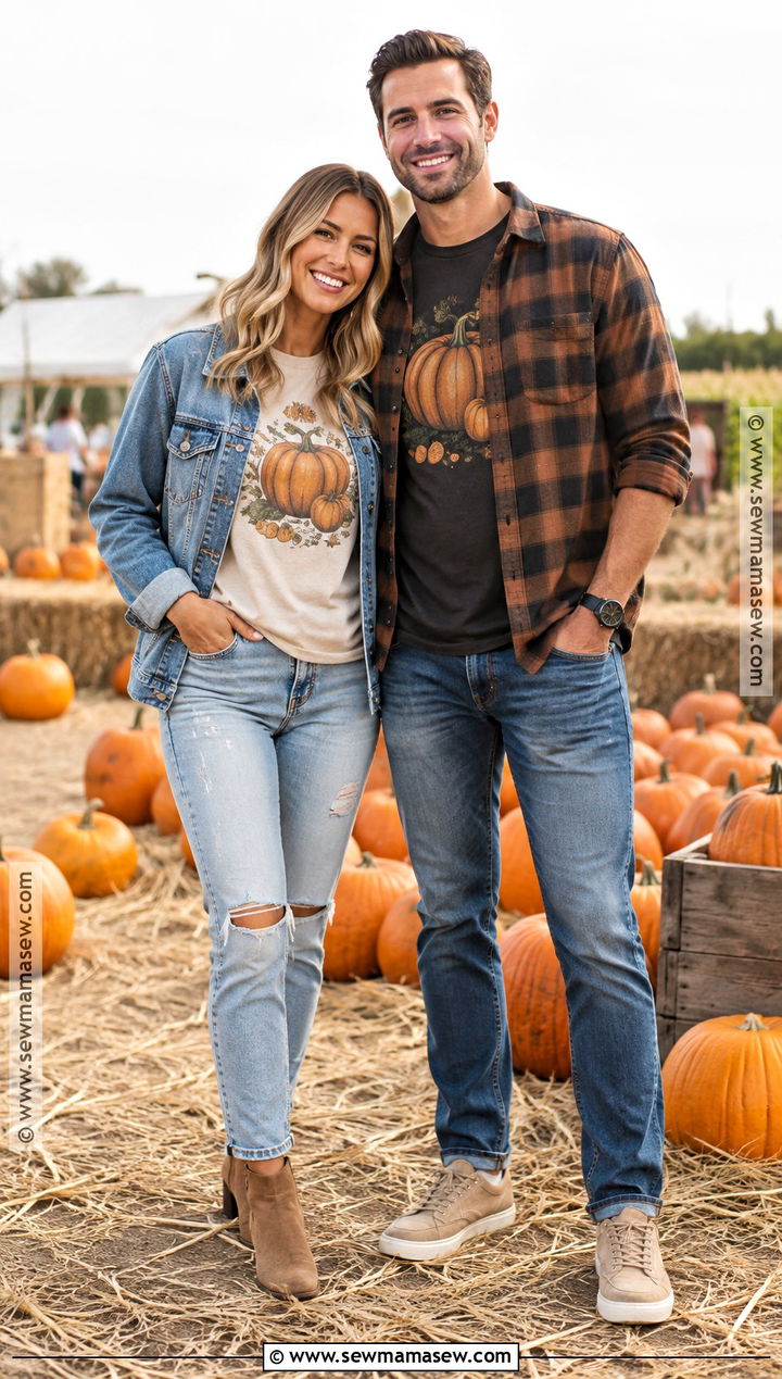 Graphic Fall T Shirt And Jeans Couple Outfit - 25 pumpkin patch outfit ideas for couples