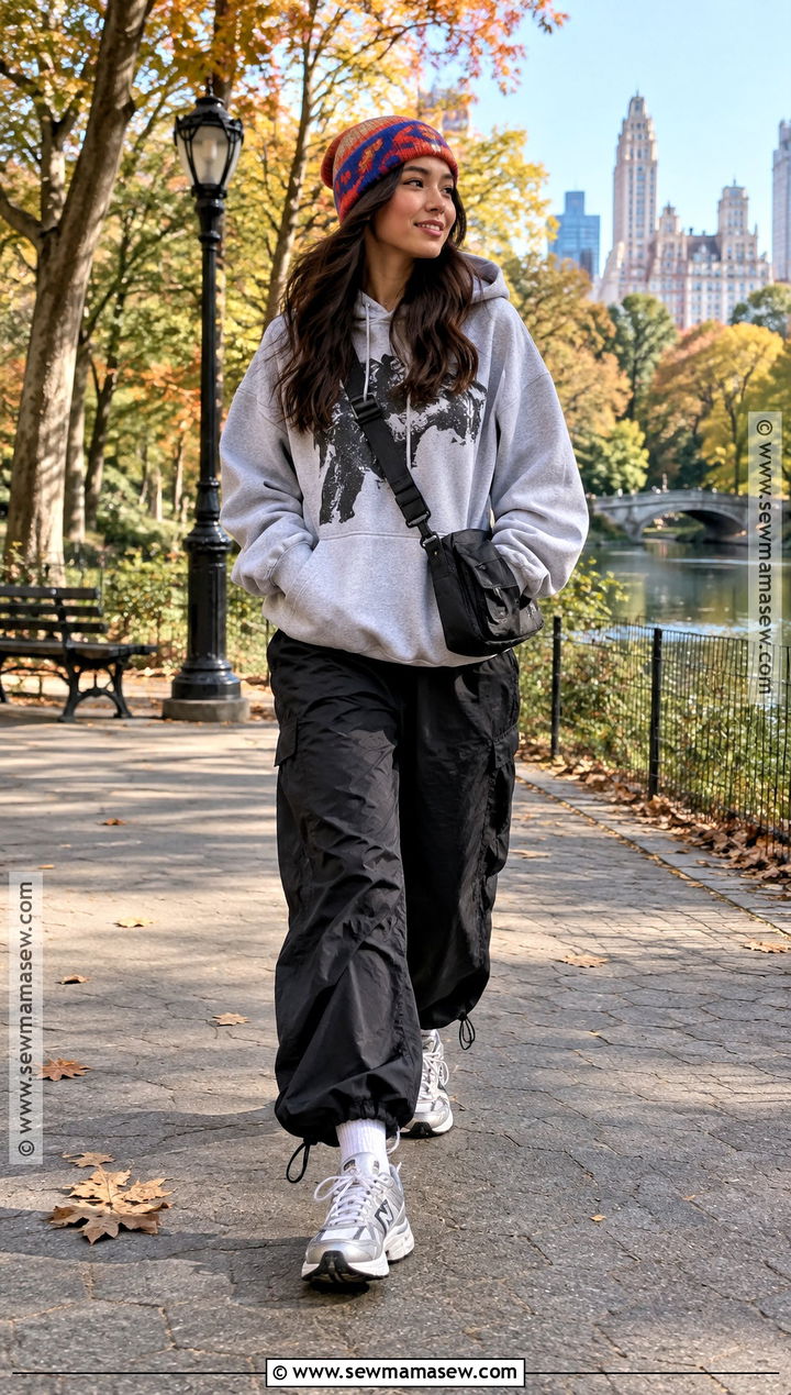 Graphic Hoodie And Parachute Pants Y2K Fall Outfit - 20 y2k fall fashion ideas
