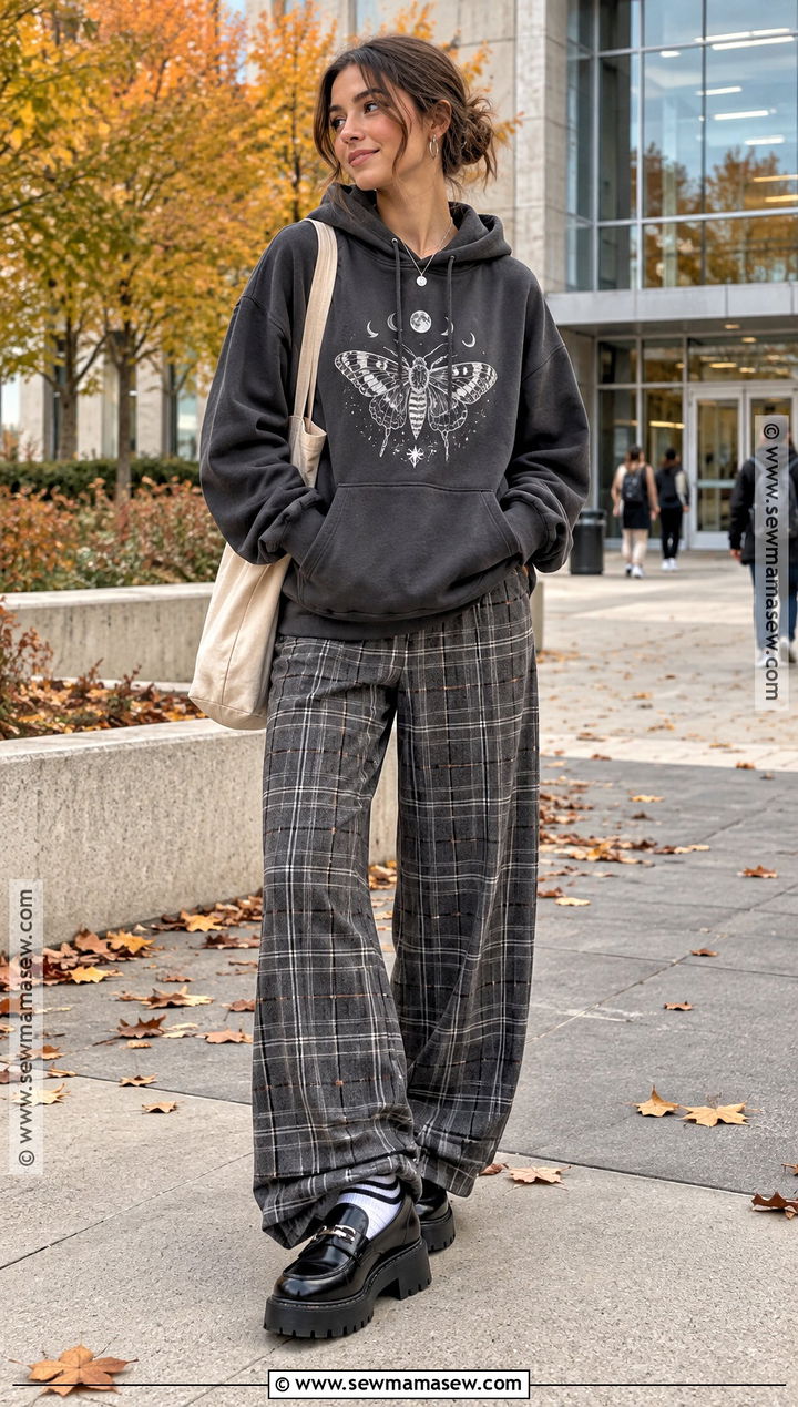 Graphic Hoodie And Plaid Trousers Autumn Outfit - 25 alt autumn outfits