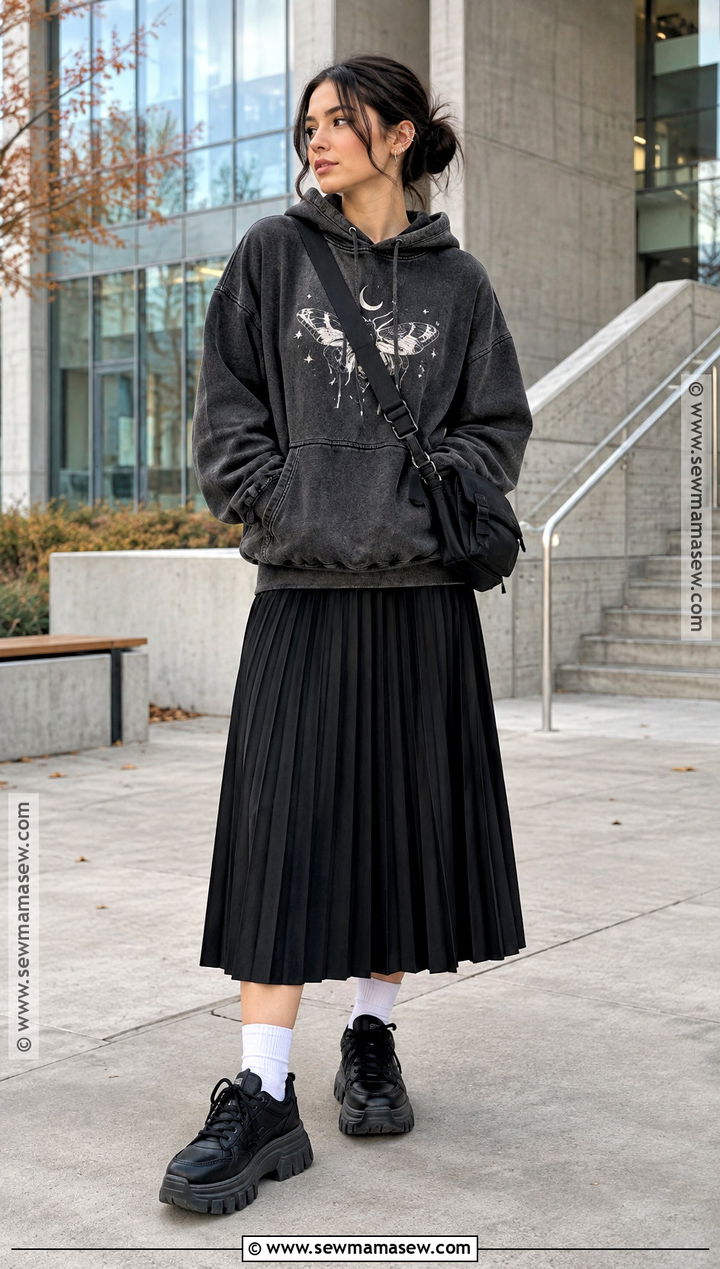 Graphic Hoodie And Pleated Skirt Fall Outfit - 20 alternative fall fashion ideas